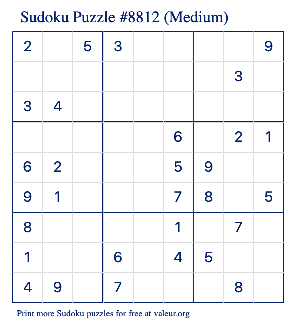 Free Printable Medium Sudoku Puzzle number 8812