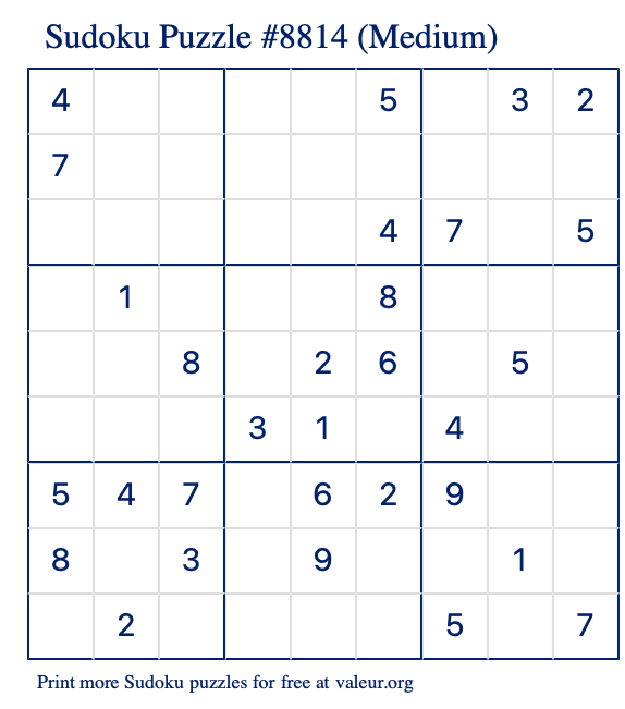 Free Printable Medium Sudoku Puzzle number 8814