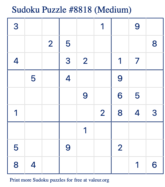 Free Printable Medium Sudoku Puzzle number 8818