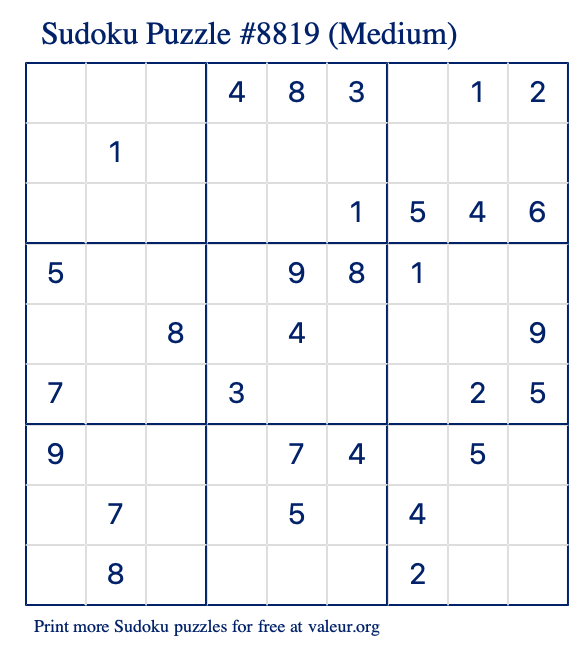 Free Printable Medium Sudoku Puzzle number 8819