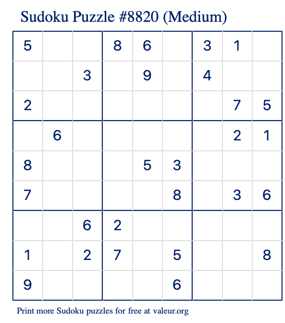 Free Printable Medium Sudoku Puzzle number 8820