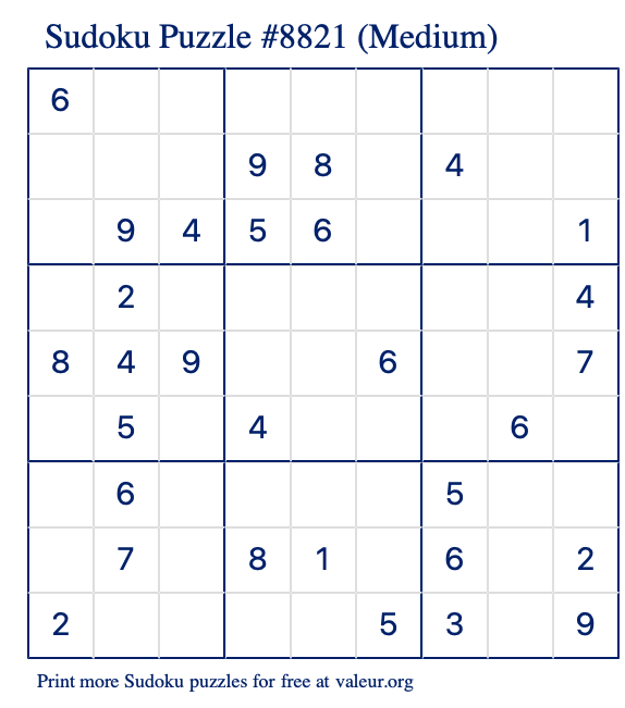 Free Printable Medium Sudoku Puzzle number 8821