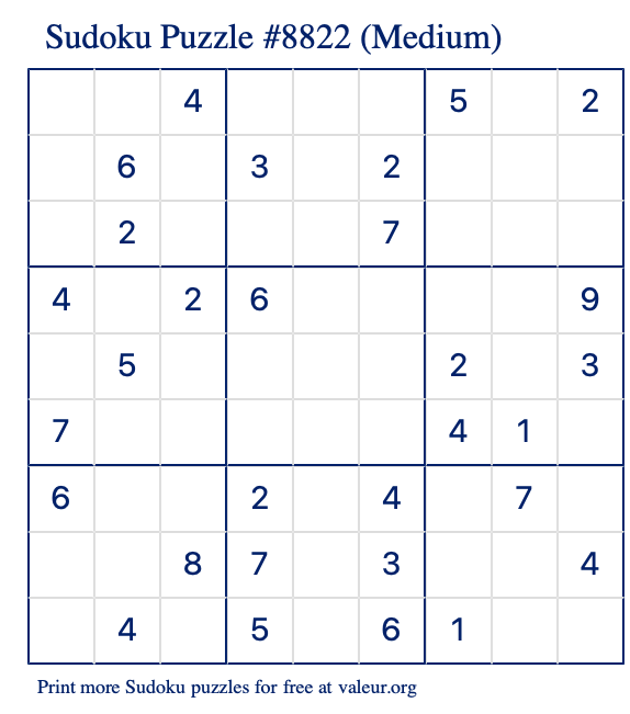 Free Printable Medium Sudoku Puzzle number 8822