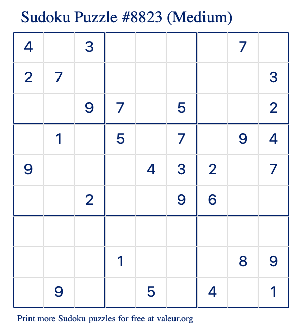 Free Printable Medium Sudoku Puzzle number 8823