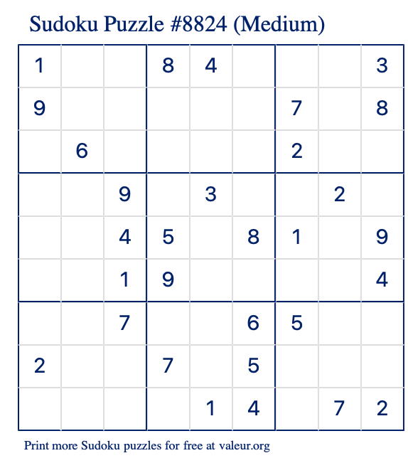 Free Printable Medium Sudoku Puzzle number 8824