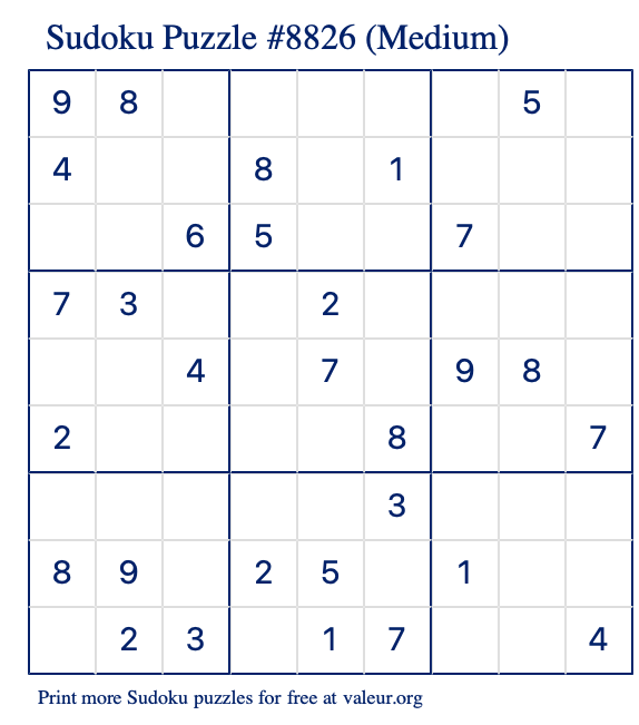 Free Printable Medium Sudoku Puzzle number 8826