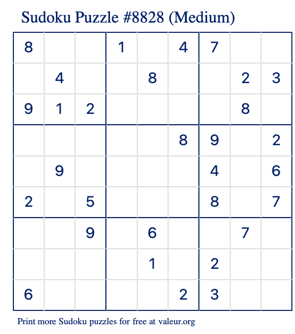 Free Printable Medium Sudoku Puzzle number 8828