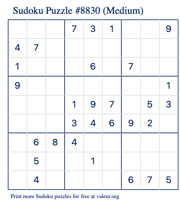 Free Printable Medium Sudoku Puzzle number 8830