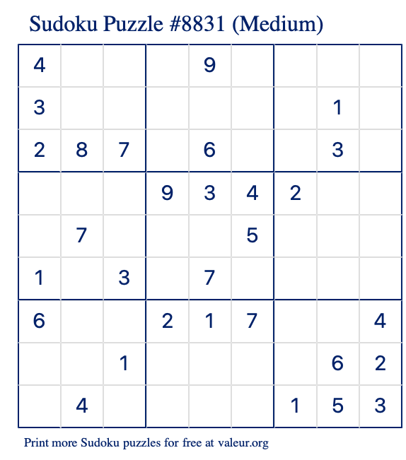 Free Printable Medium Sudoku Puzzle number 8831