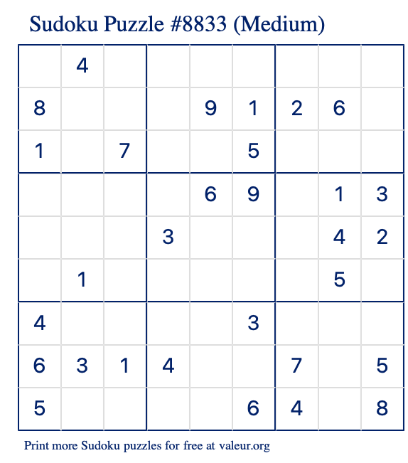 Free Printable Medium Sudoku Puzzle number 8833
