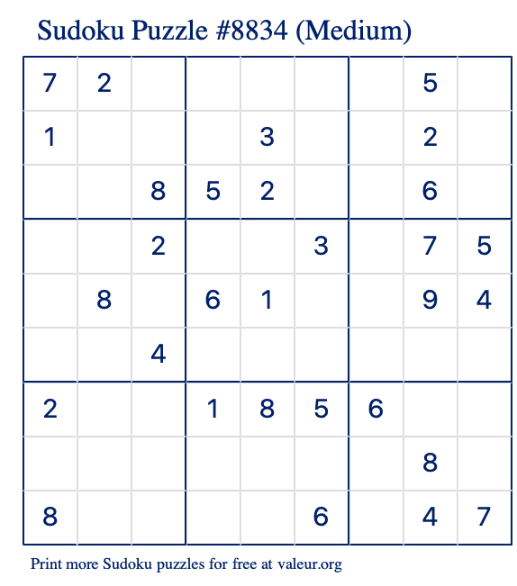 Free Printable Medium Sudoku Puzzle number 8834