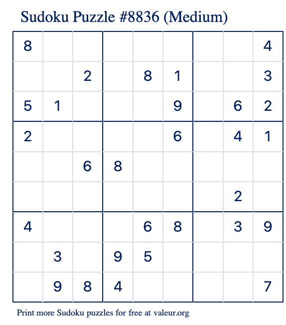 Free Printable Medium Sudoku Puzzle number 8836