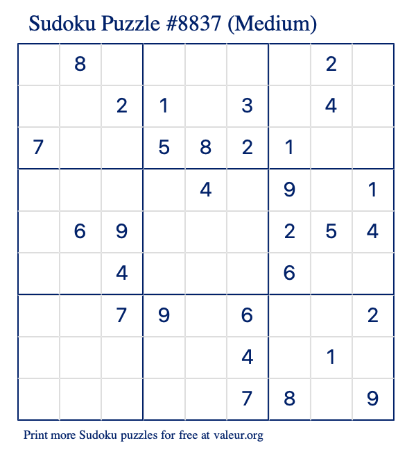 Free Printable Medium Sudoku Puzzle number 8837