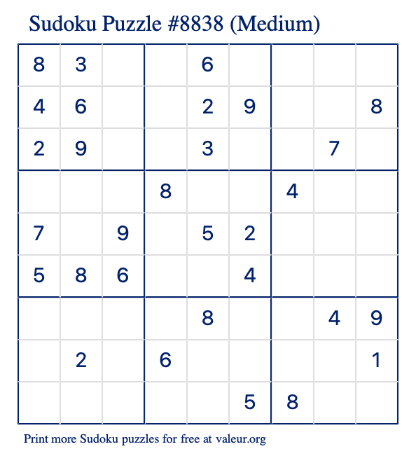 Free Printable Medium Sudoku Puzzle number 8838