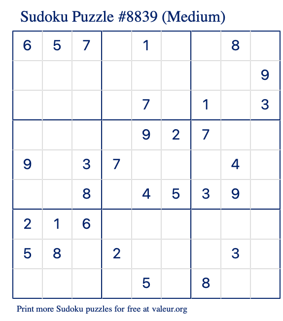 Free Printable Medium Sudoku Puzzle number 8839