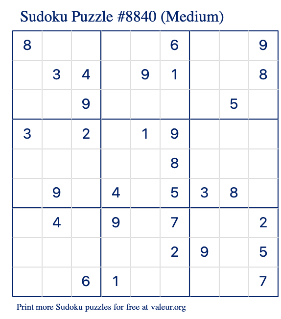 Free Printable Medium Sudoku Puzzle number 8840