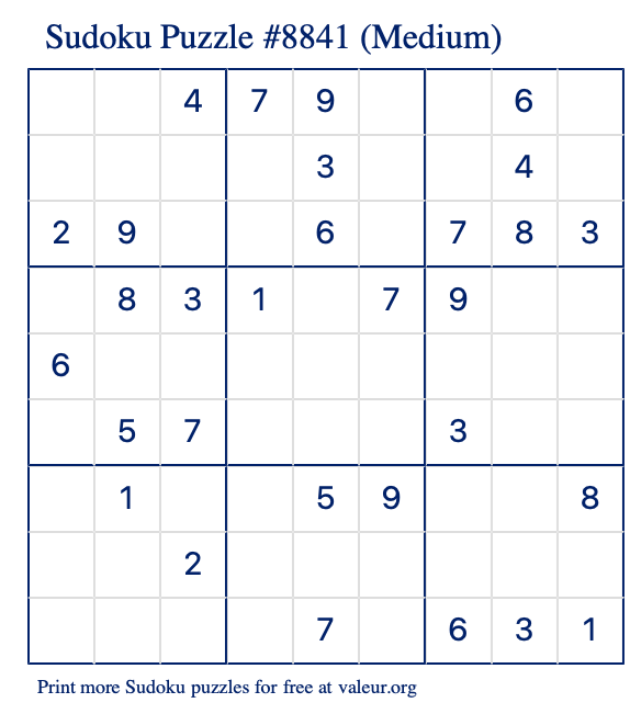 Free Printable Medium Sudoku Puzzle number 8841