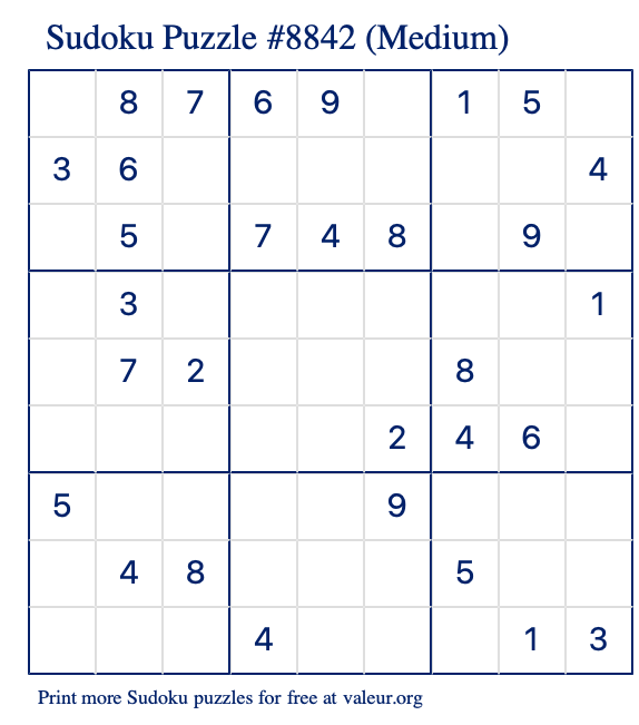 Free Printable Medium Sudoku Puzzle number 8842