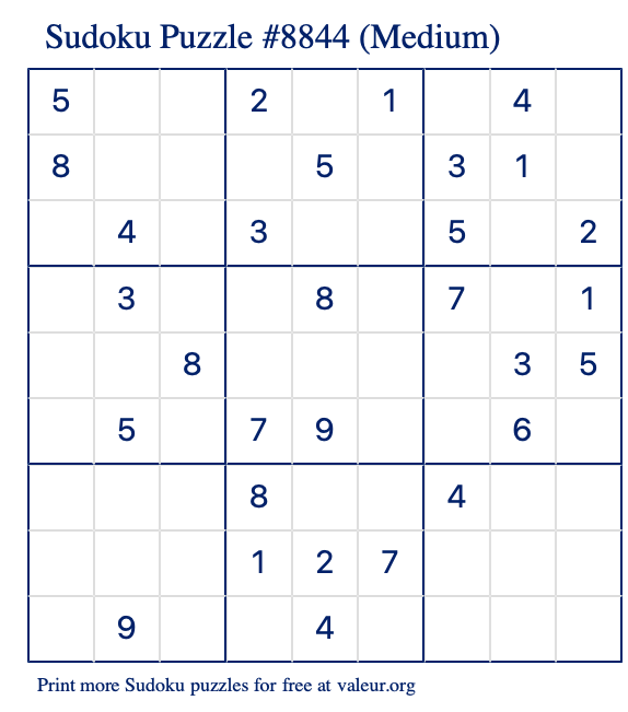 Free Printable Medium Sudoku Puzzle number 8844