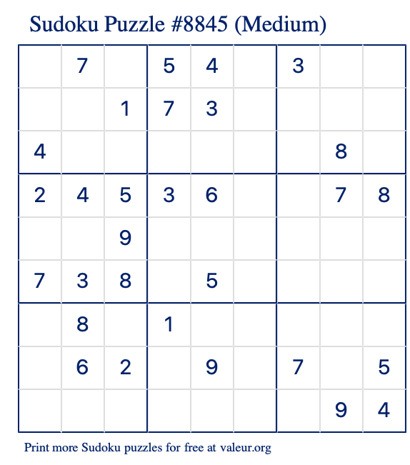Free Printable Medium Sudoku Puzzle number 8845