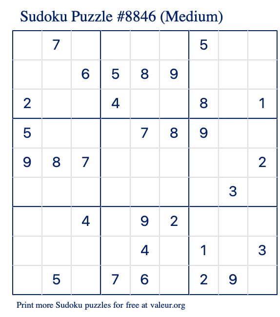 Free Printable Medium Sudoku Puzzle number 8846