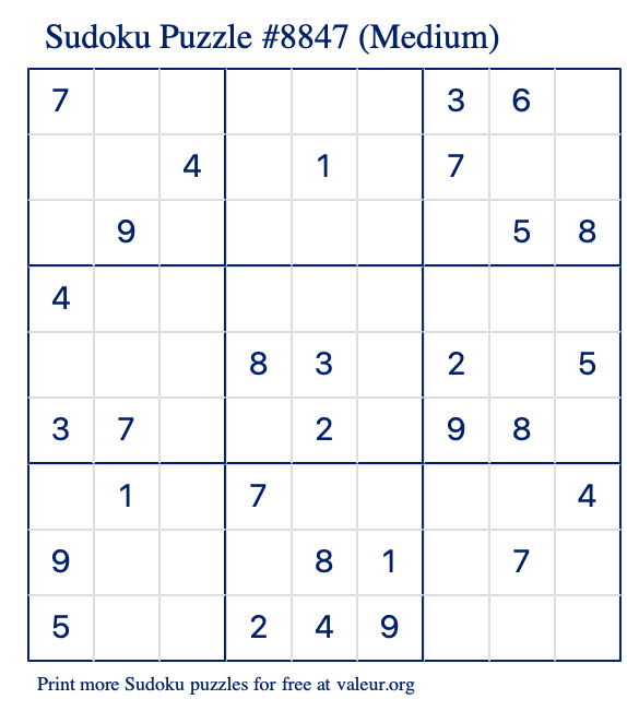 Free Printable Medium Sudoku Puzzle number 8847