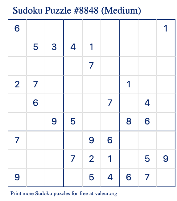Free Printable Medium Sudoku Puzzle number 8848