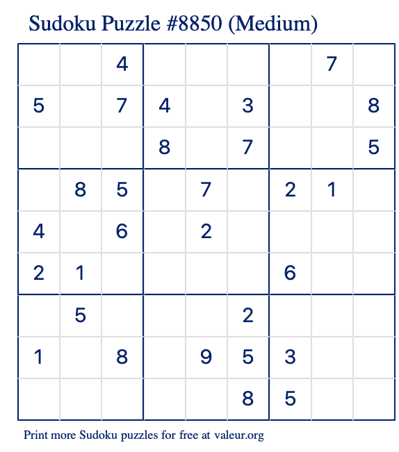 Free Printable Medium Sudoku Puzzle number 8850