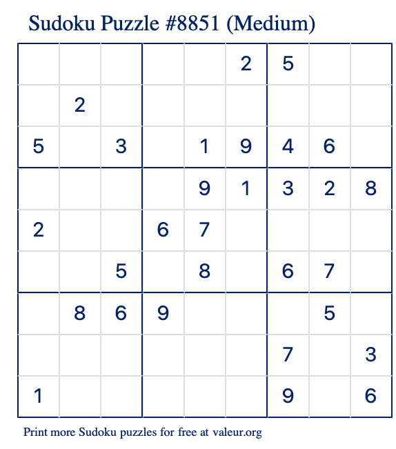 Free Printable Medium Sudoku Puzzle number 8851