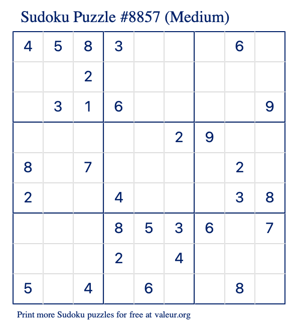 Free Printable Medium Sudoku Puzzle number 8857