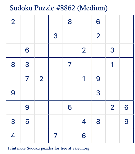 Free Printable Medium Sudoku Puzzle number 8862