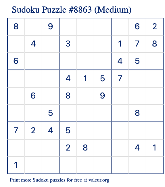 Free Printable Medium Sudoku Puzzle number 8863