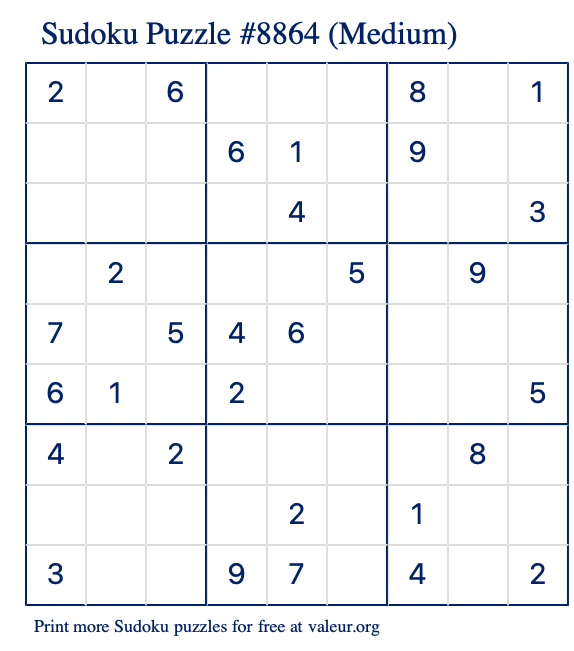 Free Printable Medium Sudoku Puzzle number 8864