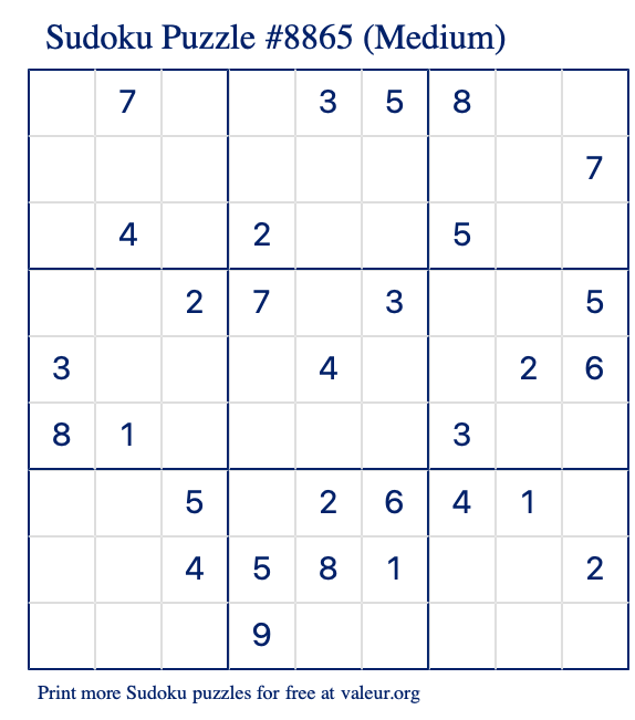 Free Printable Medium Sudoku Puzzle number 8865