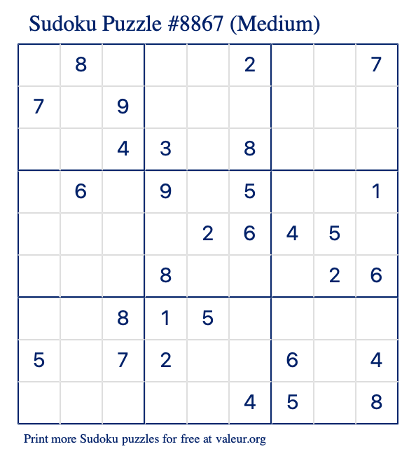 Free Printable Medium Sudoku Puzzle number 8867