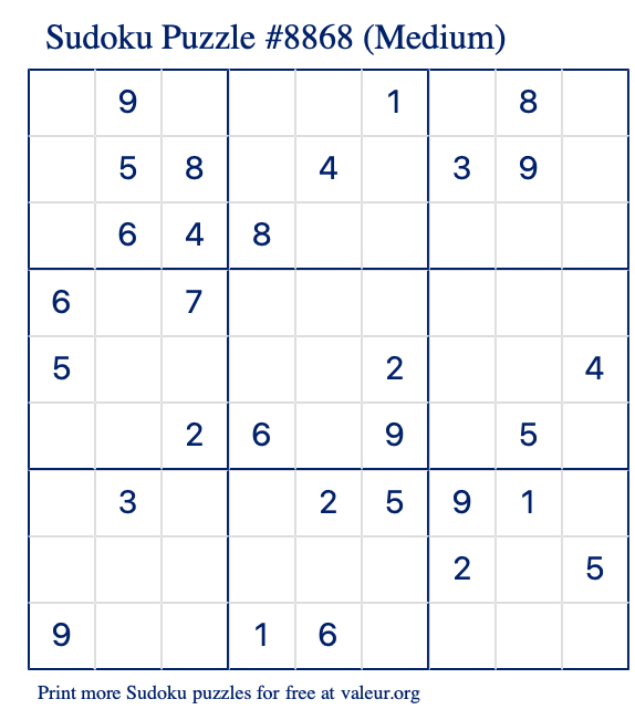 Free Printable Medium Sudoku Puzzle number 8868