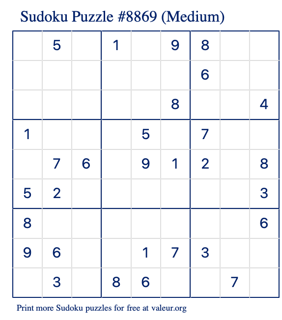 Free Printable Medium Sudoku Puzzle number 8869