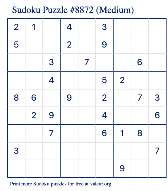 Free Printable Medium Sudoku Puzzle number 8872
