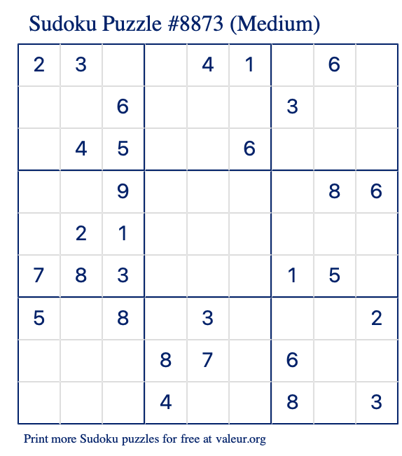 Free Printable Medium Sudoku Puzzle number 8873
