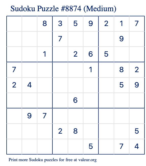 Free Printable Medium Sudoku Puzzle number 8874
