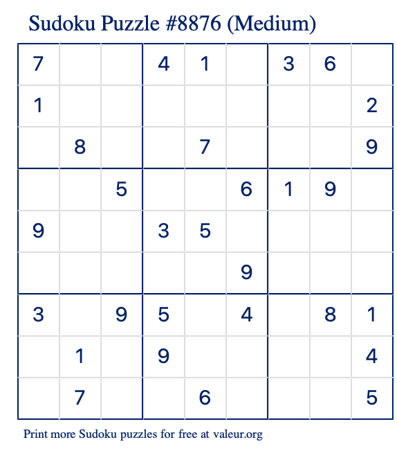Free Printable Medium Sudoku Puzzle number 8876
