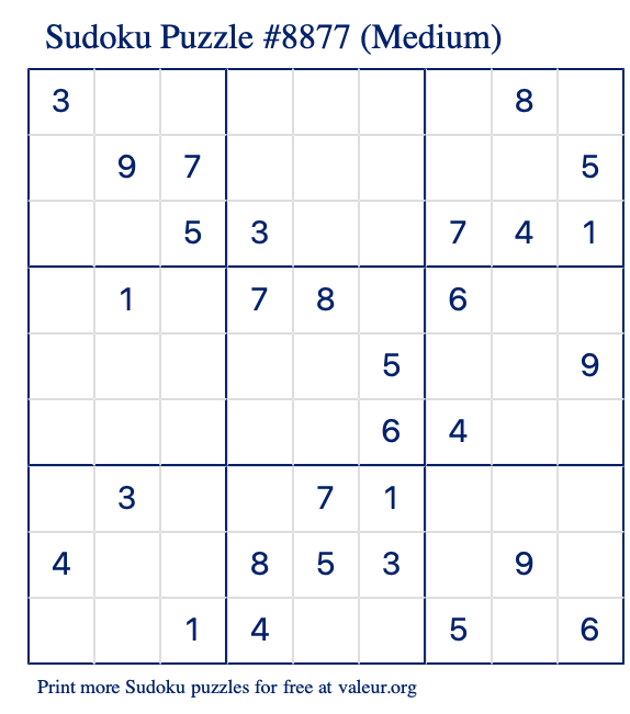 Free Printable Medium Sudoku Puzzle number 8877