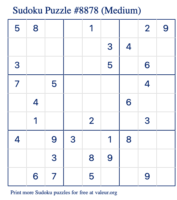 Free Printable Medium Sudoku Puzzle number 8878