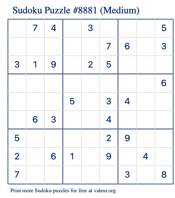 Free Printable Medium Sudoku Puzzle number 8881