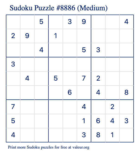 Free Printable Medium Sudoku Puzzle number 8886