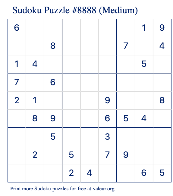 Free Printable Medium Sudoku Puzzle number 8888