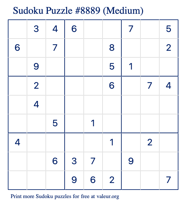 Free Printable Medium Sudoku Puzzle number 8889