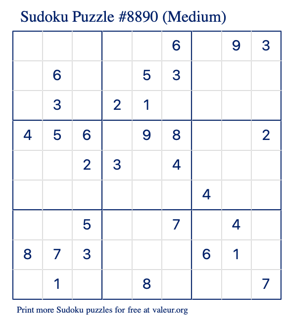 Free Printable Medium Sudoku Puzzle number 8890