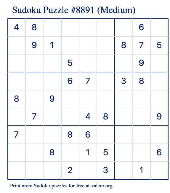 Free Printable Medium Sudoku Puzzle number 8891