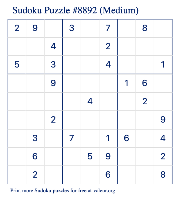 Free Printable Medium Sudoku Puzzle number 8892